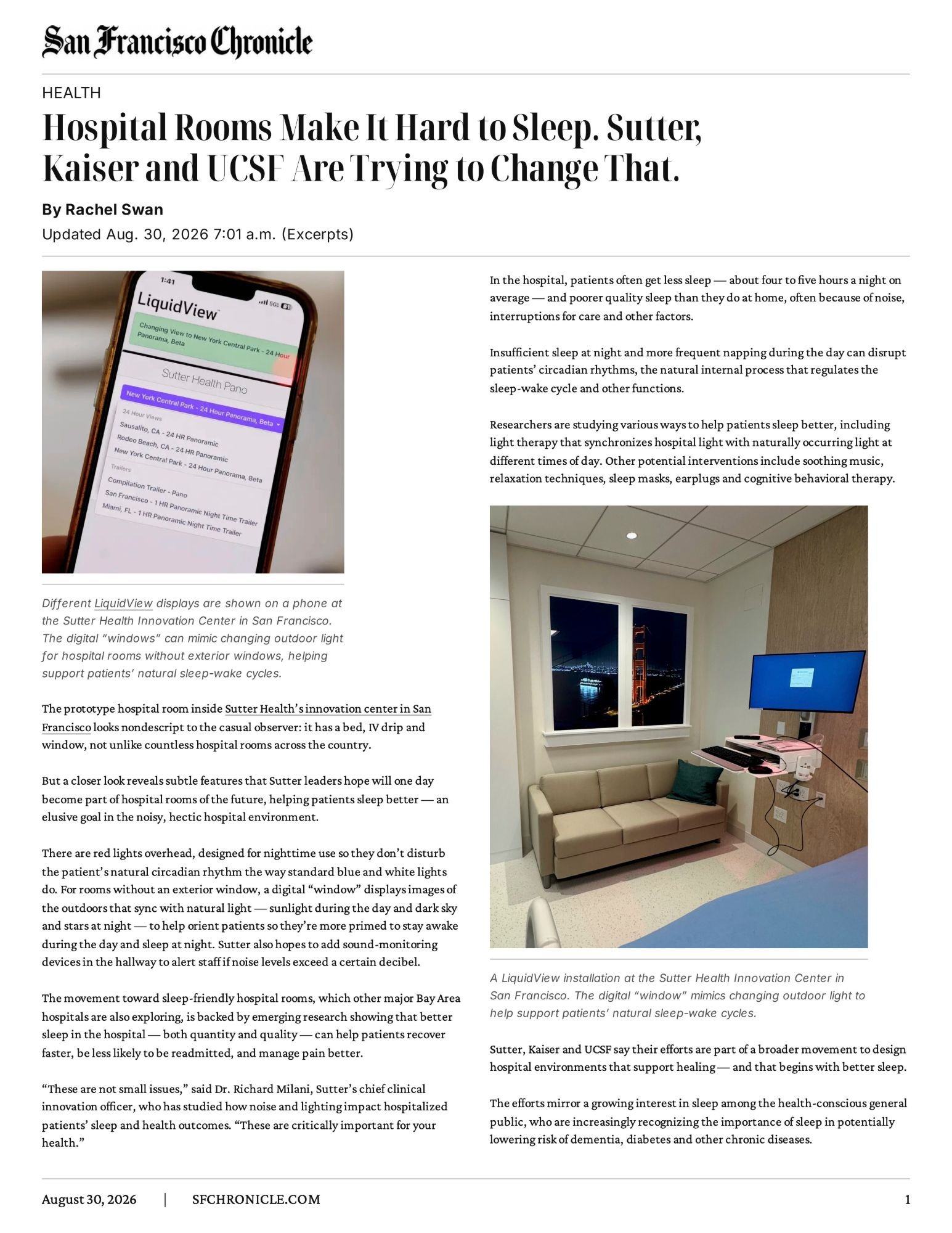 San Francisco Chronicle, August 30, 2026 — Hospital Rooms Make It Hard to Sleep. Sutter, Kaiser and UCSF Are Trying to Change That., featuring LiquidView